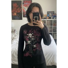 Balina Siyah Gothic Skulls Full Body Y2K Uzun Kollu Crop