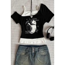 Balina Siyah Balance Cat Our Love Is Ek Askılı Kısa Kollu Full Body Crop