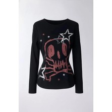 Balina Siyah Skull Stars 2k Uzun Kollu Crop