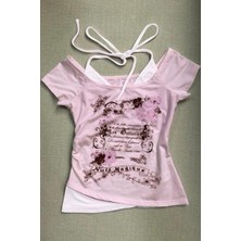 Balina Pembe Nuit Magique Madonna Yaka Ek Askılı Kısa Kollu Full Body Crop