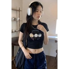 Balina Siyah Chiikawa ''you Should Be Happy'' Y2K Kısa Kollu Crop