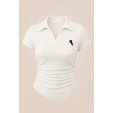 Balina Simli Beyaz Polo Yaka Fitilli Premium Bluz