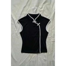 Balina Siyah Mandarin Yaka Beyaz Şeritli Qipao Y2K Kısa Kollu Crop