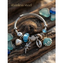Stainless Steel Gümüş Renk Zincirli Mavi Deniz Kabuğu Kalp Melekli Charm Bileklik