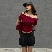 Balina Bordo Black Widow Omuzu Açık Spider Kısa Kollu Crop