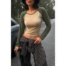 Balina Haki Raglan Kollu Bej Basic Uzun Kollu Crop