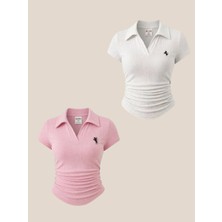 Balina Pembe ve Beyaz  Polo Yaka Fitilli Premium Bluz