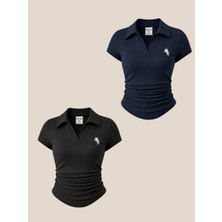 Balina Siyah ve Lacivert  Polo Yaka Fitilli Premium Bluz