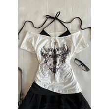 Balina Beyaz Gotik Aesthetic Skulls Cross Ekli Bağlamalı Y2K Kısa Kollu Crop
