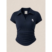 Balina Lacivert  Polo Yaka Fitilli Premium Bluz