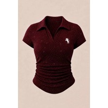 Balina Simli Bordo Polo Yaka Fitilli Premium Bluz