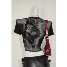 Balina Siyah Transparan Dragon Y2K Kısa Kollu Crop