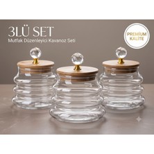 Leylart Kristal Kulplu Bambu Kapaklı Dalgalı Borosilikat Cam Kavanoz 400ML - Lüks Mutfak & Banyo Saklama Kabı / Baharatlık