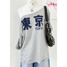 Balina Gri Melanj Tokyo Y2K Kısa Kollu Off Shoulder