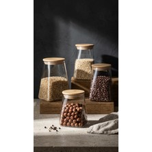 Leylart 4'lü Borosilikat Cam Ahşap Kapaklı Düz Cam Kavanoz Mutfak Seti  350-550-750-950 Dr