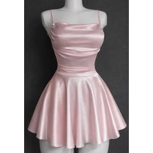 Balina Pembe Saten Drape Detaylı Ip Askılı Elbise