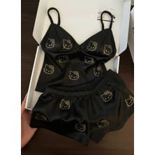 Balina Hello Kitty Taş Detaylı Şık Homewear Pijama Takımı Siyah