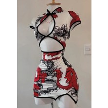 Balina Beyaz Ejderha Motifli Pencere Detaylı Şeritli Qipao Elbise