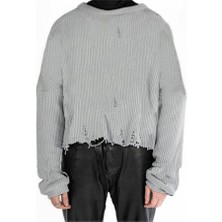 Balina Gri Düz Vintage Oversize Kazak