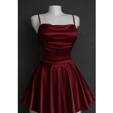 Balina Bordo Saten Drape Detaylı Ip Askılı Elbise