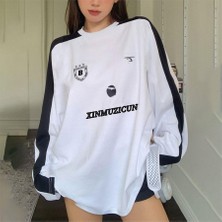Balina Siyah Şeritli Beyaz Ince Kumaş Xinmuzicun College (Unisex) Uzun Kollu