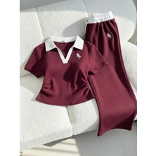 Balina Bordo Polo Yaka Fitilli Likralı Premium Eşofman Takımı