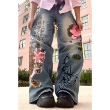Balina Mavi Yıkama Kanji ve Lotus Baskılı Grunge Y2K Unisex Baggy Pantolon