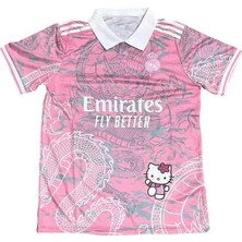 Balina Pembe Kitty Madrid Dragon Jersey Siyah Düğmeli Yaka T-Shirt