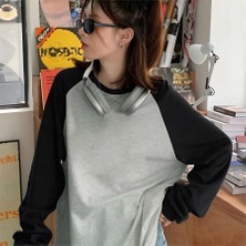 Balina Siyah Raglan Kollu Düz Gri Melanj Oversize Unisex Uzun Kollu