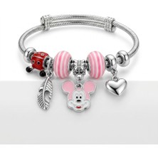 Ceyyiz Paslanmaz Çelik Yaylı Kadın Bileklik - Mickey Mouse Charm'lı Pembe Boncuklu Yaylı Açılabilir Kadın Charm Bileklik