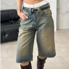 Balina Mavi Vintage Kahverengi Taşlanmış Yıkamalı Retro Kısa Paçalı Kot Şortolon