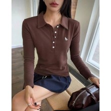 Balina Kahverengi Tek Boynuzlu At Baskılı Polo Yaka Düğmeli Uzun Kol Tshirt