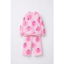 Magu Kız Çocuk Pembe Çilek Desenli Sweatshirt ve Eşofman Takımı 2 Parça Günlük Tarz için Rahat Fit