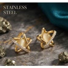 Stainless Steel Gold Renk Yapay Elmas Taşlı Yıldız Model Çelik Küpe