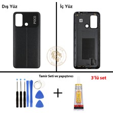 Arsking Yapıştırıcı Poco C55 Siyah Yapıştırıcı Arka Pil Kapağı Batarya Kapağı + Yapıştırıcı ve Vida Seti
