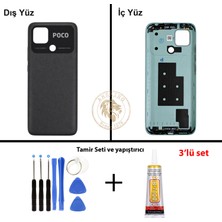 Arsking Yapıştırıcı Poco C40 Siyah Yapıştırıcı Arka Pil Kapağı Batarya Kapağı + Yapıştırıcı ve Vida Seti