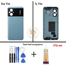 Arsking Yapıştırıcı Poco M5 Mavi Yapıştırıcı Arka Pil Kapağı Batarya Kapağı + Yapıştırıcı ve Vida Seti