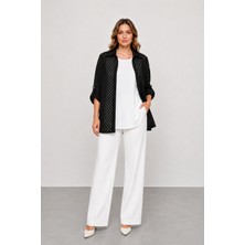 Bihan Store Kadın Kendinden Nakışlı Gömlek ve Bluz Ikili Takım Y26-50142 Siyah-Beyaz