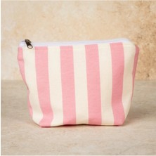 Hellobox El Yapımı Pamuklu Pembe Çizgili Desenli Organizer/Makyaj Çantası - Fermuarlı ve Körüklü Bakım Çantası - Kalemlik