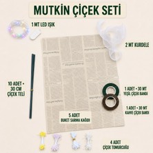 Mutkin Şönil Çiçek Buket Hazırlama Seti LED Işıklı – Gazete Desenli Buket Sarma Kağıdı, Organze Kurdela, Çiçek Bandı, Kalın Tel ve 4 Renk Çiçek Tomurcuğu