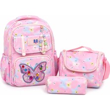 Mars Kırtasiye ve Oyuncak Ilkokul Kız Çocuk 3'lü Okul Çantası Seti Kelebek Desenli Pembe (Okul Çantası + Beslenme Çantası + Kalemlik)  Model Kodu:
