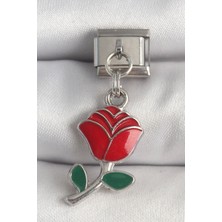 316L Çelik Gümüş Renk Sallantı Kırmızı Gül Model Nomination Charm