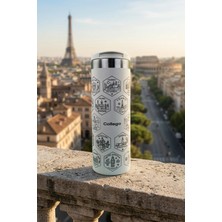Lagomde Collego 500 ml Erkeklere Özel Avrupa Seyahat Termosu EXPLORER NO7 – 24 Ülke Lazer Işlemeli, Renkli Uv Dtf Sticker Setli