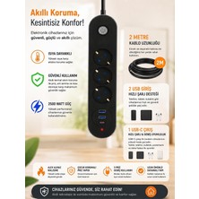 FEDDY Termal Akım Korumalı 3lü Priz 2-Usb 1-Usbc 2mt Kablo Aç Kapa Anahtar 2500 Watt