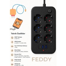 FEDDY Akım Korumalı 6’lı Priz 2 Usb-A + 1 Usb-C Çıkışlı Isıya Dayanıklı Çoklu Akıllı Priz