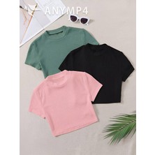 Öz Pamuk Kadın 3 Lü Adet Fitilli %100 Pamuklu Bisiklet Yaka Örme Kaşkorse Crop T-shirt