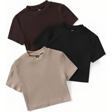 Öz Pamuk Kadın 3 Lü Adet Fitilli %100 Pamuklu Bisiklet Yaka Örme Kaşkorse Crop T-shirt