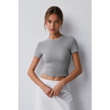 Öz Pamuk Kadın 3 Lü Adet Fitilli %100 Pamuklu Bisiklet Yaka Örme Kaşkorse Crop T-shirt