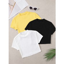 Öz Pamuk Kadın 3 Lü Adet Fitilli %100 Pamuklu Bisiklet Yaka Örme Kaşkorse Crop T-shirt