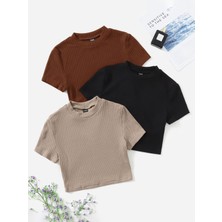 Öz Pamuk Kadın 3 Lü Adet Fitilli %100 Pamuklu Bisiklet Yaka Örme Kaşkorse Crop T-shirt